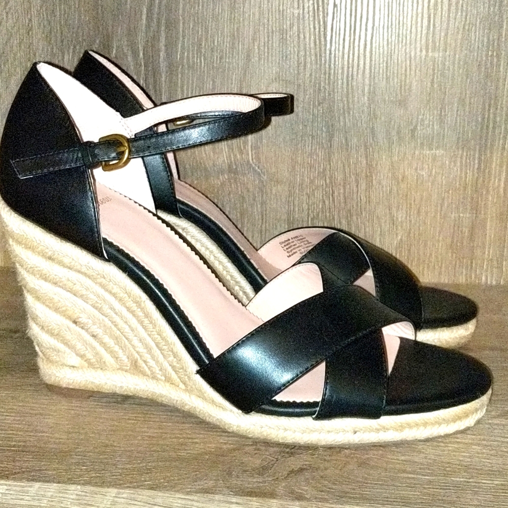 Jute wedge sandals in leather 10 1/2 Black